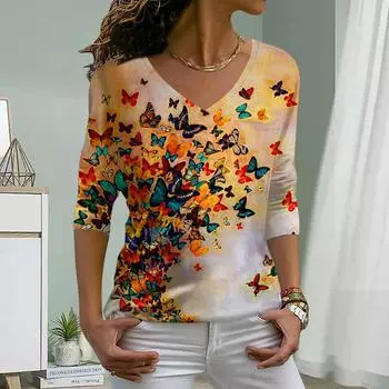Осенние бабочки Принт Женские футболки Женские топы Длинные рукава V-образный вырез Пуловер Femme Футболки Футболка для женщин XS оранжевый