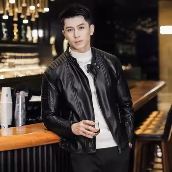Осеннее повседневное пальто с воротником-стойкой, тонкая кожаная куртка, мужская прямая ветрозащитная куртка, молодежная осенне-зимняя кожаная куртка для мужчин M