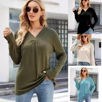 Autumn Casual V-neck Pleated Long Sleeved Loose T-Shirts Women’s S светло-синий