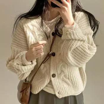 Autumn Casual V-neck Puff Sleeve Loose Knitted Cardigans Women Fashion Winter Sweater Jacket for Women Elegant Solid Slim Fit Woman Cardigan 25729 One Size розовый
