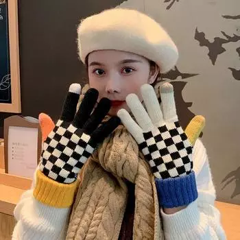 Autumn Checkerboard Student Adult Knitting Women Gloves Korean Style Mittens Full Fingers Gloves белый