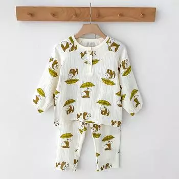 Autumn Children s Double-Layer Cotton Gauze Long-Sleeve Pajamas Set 90 cm