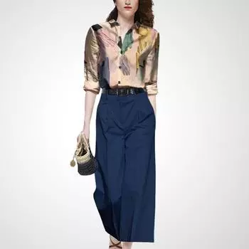 Autumn Clothing Fashion Temperament Goddess Style Fashion Long Sleeves Shirt Apricot Print + Blue M