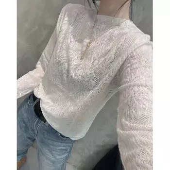 Autumn Clothing Sexy See-through Belly-Covering Long Sleeve Knitwear Beige White M