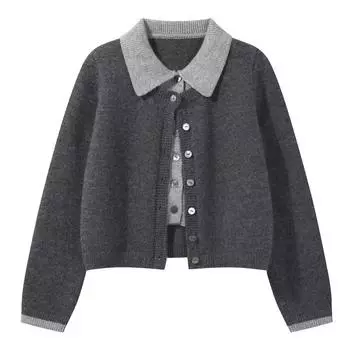 Autumn coat temperament sweater versatile cardigan top gray stacked fake two-piece college hair knitted sweater women one size fits all