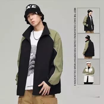 Осенняя куртка с цветными блоками и лацканами для мальчиков, модная брендовая тканая свободная спортивная повседневная американская куртка для женщин M