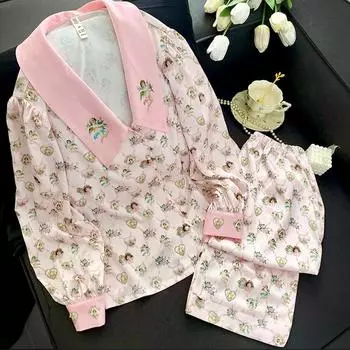 Осенний милый ангел из двух частей, шелковая пижама для женщин, комплект с длинными рукавами, розовый, модный, благородный, для дома, костюм, ночная рубашка M розовый