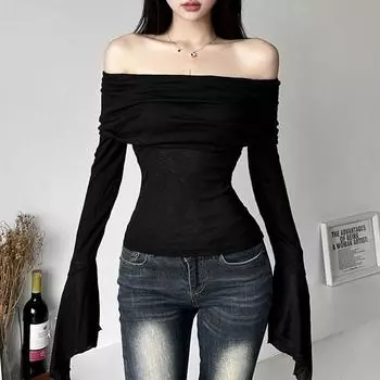 Autumn Dressing Fashion 2023 Autumn New Arrival Women s Solid Color Fashion off-Shoulder Collar Sexy Back-Exposed Long-Sleeved T-shirt Black S