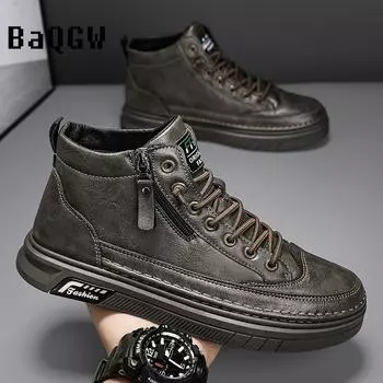 Autumn Fashion High Top Leather Casual Shoes Retro Outdoor Sport Walking Comfortable Warm Non-slip Luxury Sneakers Skate Shoes 39