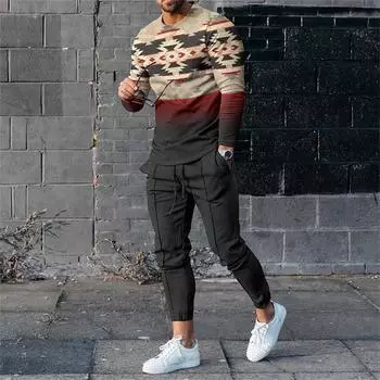 Осенняя мода, мужские футболки с длинным рукавом + длинные брюки, винтажная 3D-печать, повседневные свободные спортивные костюмы, костюмы из 2 предметов, мужская одежда M