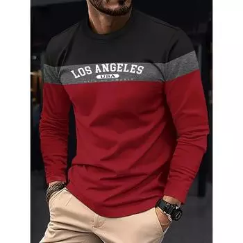 Autumn Fashion Men s Los Angeles Print Long Sleeve T-shirt Stripe Patchwork Casual Sweatshirts Sports Pullover Oversized Tops S