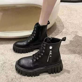 Autumn Fashion Platform Ankle Boots 2024 New Autumn Thick Soled Boots for Women Lace Up British Style Short Boots for Women 35 белый