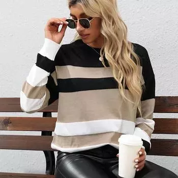 Осенняя мода круглый вырез полосатый женский вязаный свитер зимний длинный рукав свободный пуловер свитера женские элегантные простые винтажные женские трикотажные изделия 24767 S