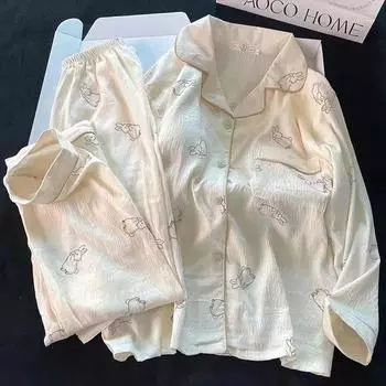 Autumn Faux Cotton Women Pajama Button Cardigan Outfits 2 Piece Set Fashion Rabbit Sweet Pajamas Set for Women M