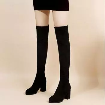 Autumn Faux Suede Women Heels Zipper Elastic Knee High Boots Women Tube Lace-up Thigh Gigh Boots Black Botas Mujer Female 34