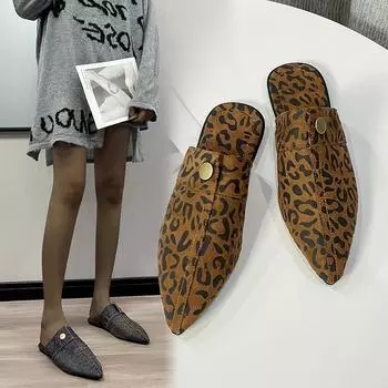 Autumn foreign trade new pointed denim flat-bottomed slippers women s casual bag head buckle leopard print slippers wish 35 чёрный