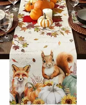 Autumn Fox Squirrel Maple Leaf Linen Table Runner Fall Dresser Scarf Kitchen Dining Table Decor Washable Thanksgiving Decoration 150x33cm 59x13inch