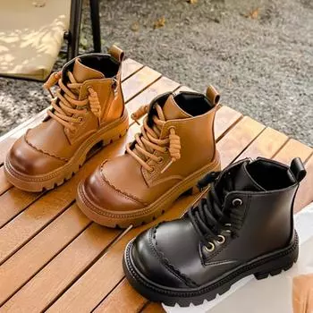 Autumn Girl Boots Anti Slip Comfort Ankle Boot Versatile Casual Girl Shoes Simple Retro Sweet Kid Shoe Warm Unisex Leather Boots 26insole16.2cm коричневый