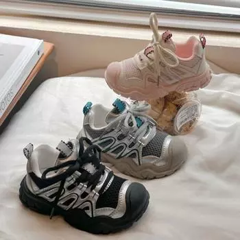 Autumn Girl Sneakers New Fashion Boy Shoe Versatile Comfort Girl Shoes Anti Slip Hiking Kis Shoes Outdoor Mesh Casual Shoe Tenis 21insole13.5cm чёрный