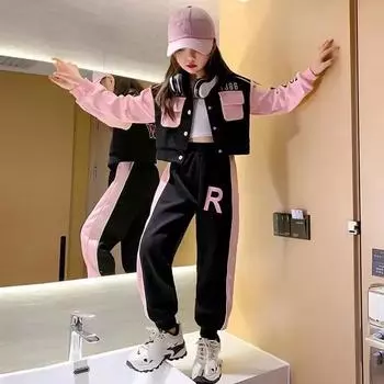 Осенняя мода для девочек с длинным рукавом, куртка, брюки, повседневный костюм 170 чёрный