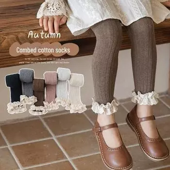 Autumn Girls Striped Lace Pantyhose Leggings темно-серого
