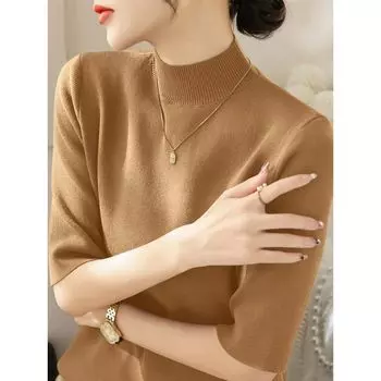 Autumn Half Turtleneck Wool French Lazy Style Bottoming Shirt Champagne Brown L
