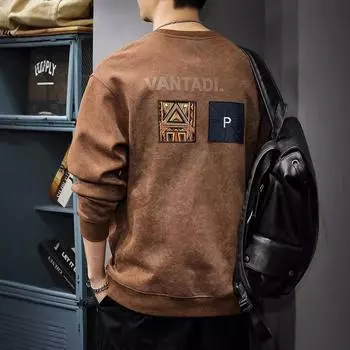 Осенний тяжелый мужской свитер с принтом в этническом стиле, весенне-осенняя свободная рубашка с длинными рукавами и круглым вырезом M чёрный