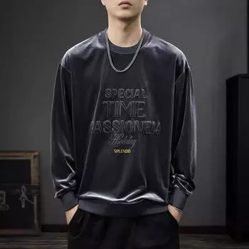 Осенний тяжелый бархатный трехмерный вышитый свитер, мужская свободная рубашка большого размера с круглым вырезом, американский ретро-трендовый топ M серебряный серый