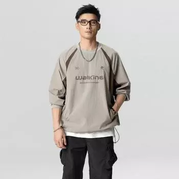 Осенний высококачественный свободный свитер с круглым вырезом, мужской свободный большой размер с длинными рукавами, с принтом и контрастным принтом M темно-синий