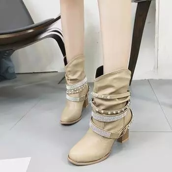 Autumn Hollow Ankle Boots Woman High Heels Plus Size Platform Crystal 1 Heel Shoes Buckle Strap Rivet Short Botas 2020 4 чёрный