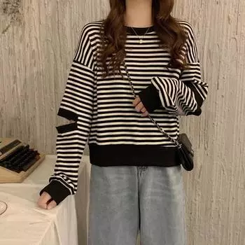 осенние толстовки женские синие полосатые толстовки повседневные свободные с длинным рукавом с круглым вырезом пуловеры тонкие укороченные топы y2k уличная одежда M