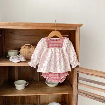 Autumn infant girls cotton clothes suit kids flower printed pullover shorts 2 piece set fashion baby clothing bafanou 96219 73cm(6-12M)