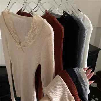 Autumn Lace Splicing Long Sleeve Knitted Sweater Women s Fashion Elegant Long Sleeve Bottoming Pullover Top Sweaters Female Slim Fit Clothes 2699 One Size чёрный