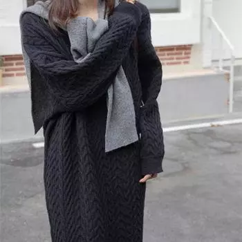 Autumn Lazy V-neck Twist Sweater Long Loose Over Knee Knitted Bottom Shirt Wear Dress one size fits all