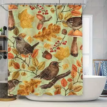 Autumn Leaves Birds Shower Curtain Waterproof Fabric Bathroom Decor for Fall Theme Home Decoration. 90x180cm
