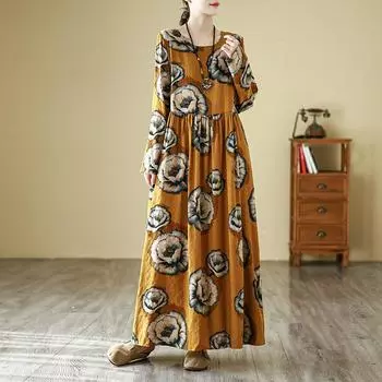 Autumn Literary Plus Size Loose Print Round Neck Casual Long Sleeved Dress for Women Dresses XL