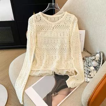 Осенний вязаный свитер с длинным рукавом и ажурным узором для женщин, элегантный модный повседневный пуловер, свитера для офиса, женские простые однотонные трикотажные топы с круглым вырезом 24833 One Size чёрный