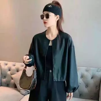 Autumn Loose Black O-neck Short Puff Sleeve Top Black XL
