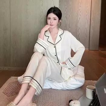 Autumn Luxury New Style Pajamas Two-piece Set Ice Silk Long-sleeved Trousers Jacquard Double-pocket Pajamas Home Set M