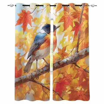 Autumn Maple Leaf Bird Blue Sky Season Blackout Curtains For Living Room Bedroom Printed Window Treatment Drapes Home Decor W135 x H60cm