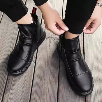 Autumn Martin boots men s velvet black leather boots tooling boots British high-top leather shoes high boots medium-top trendy men s boots winter 39 чёрный