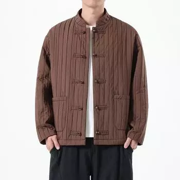 Autumn Men New Chinese Style Jackets Men Thick Warm Soild Color Coat Male Vintage Stripe Black Jacket Man Tang Costume Hanfu 5XL