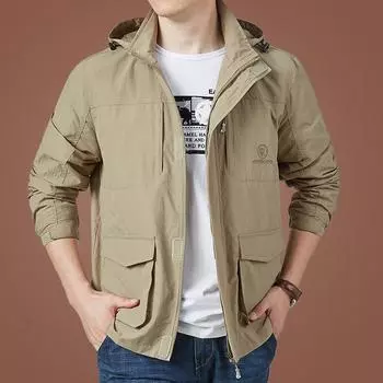 Осенняя мужская повседневная куртка, свободный топ с несколькими карманами, однотонный тренчкот, мужская стойка-воротник, одежда для мужчин среднего возраста M