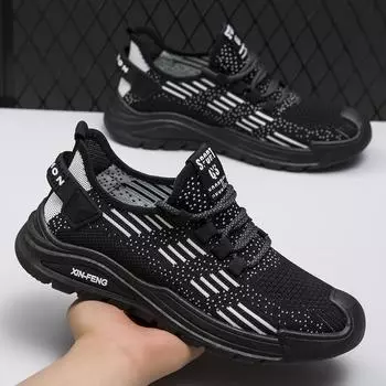 Autumn men s fly-woven mesh breathable new men s sports shoes outdoor casual round head men s shoes 39 чёрный