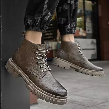 Autumn Men s Lace Up Shoes 2024 New Retro Mid Cut Boots Waterproof and Anti Slip Board Shoes Men Black Work Casual Leather Shoes 38 хаки