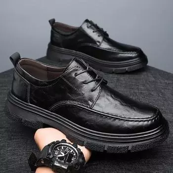 Autumn men s shoes 2024 new versatile platform casual leather shoes men s heightened round head block style leather men s shoes 38 чёрный