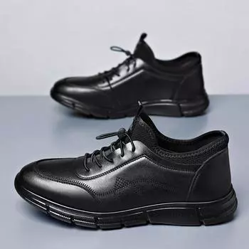Autumn men s shoes 2024 popular one-pedal leather casual leather shoes soft sole soft surface elastic band trendy shoes Korean version of men s shoes 38 чёрный