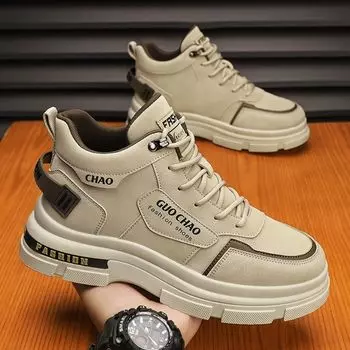Autumn Men s Shoes New Breathable High Top Workwear Shoes Retro Men s Thick Soled Non Slip Casual Lace Up Sport Short Boots 39 хаки