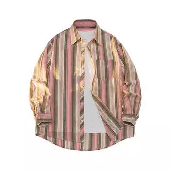 Autumn Men s Striped Long Sleeve Shirt Loose Jacket Men s and Women s Shirts Long Sleeve Shirt Inch Shirt S розовый