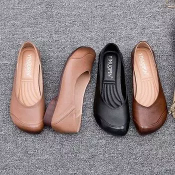 Autumn mother shoes soft-soled soft leather shoes handmade retro beef tendon middle-aged and elderly flat-soled women s shoes manufacturer 35 чёрный